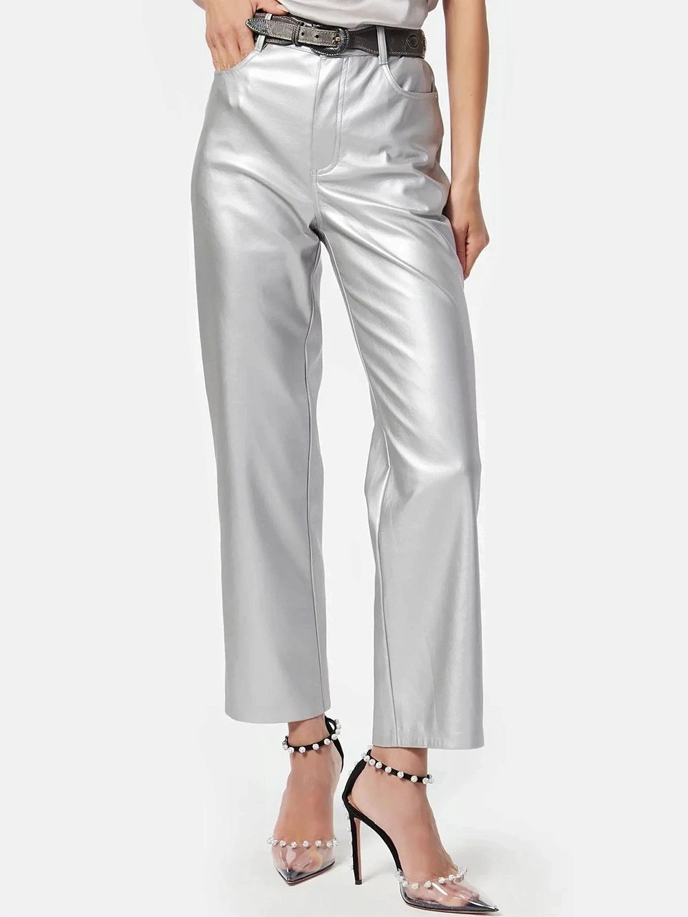 Cami NYC Hanie Vegan Leather Pant Silver Straight-Leg Size 10